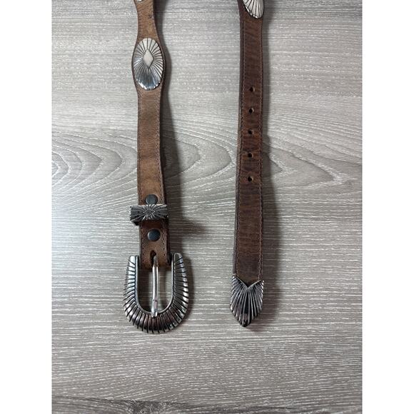 Justin Made in USA Brown Leather Belt Silver Tones Buckle and Concho Design 38” - Picture 3 of 7